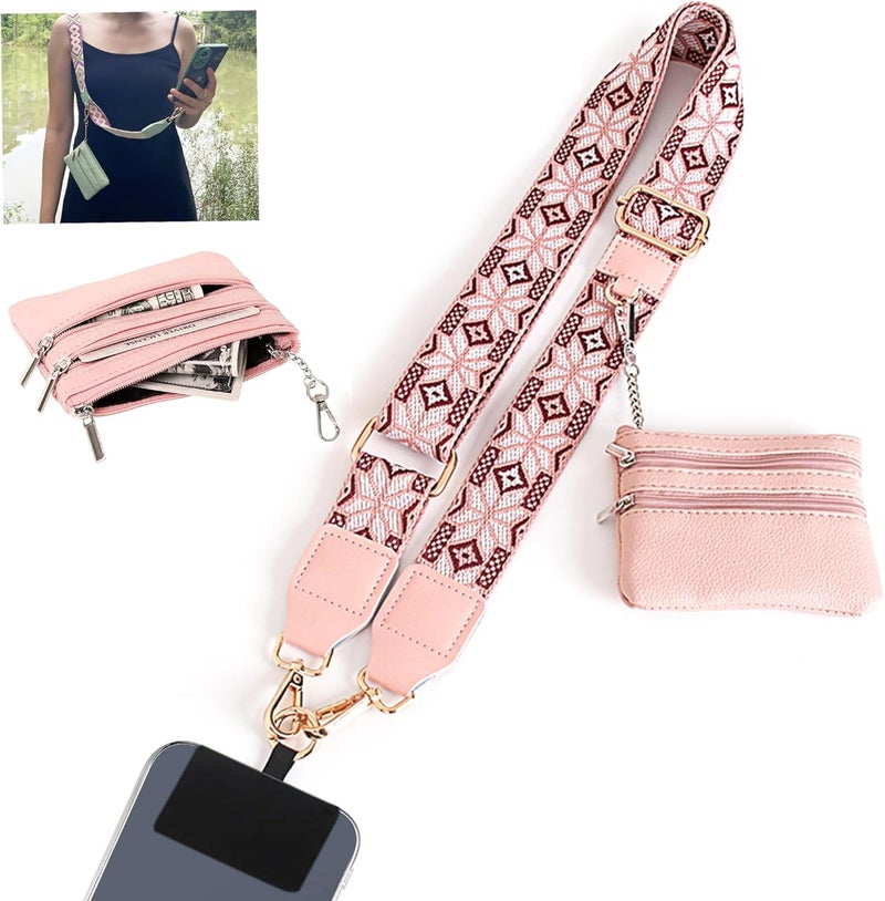 SCINYMC Clip and Go Strap for Phone with Wallet Crossbody, Adjustable Phone-Lanyards with Wallet, Phone Lanyard with Zippered Pouch, Crossbody iPhone Straps for All Phones, Pink - Image 1